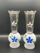 Bartlett Collins Frosted Blue Hand Painted 9” Bud Vase Flowers Gold Trim Set - $28.88