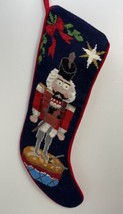 Needlepoint Christmas Stocking Nutcracker Holly Star Blue Red Cross Stitch 20” - $22.43