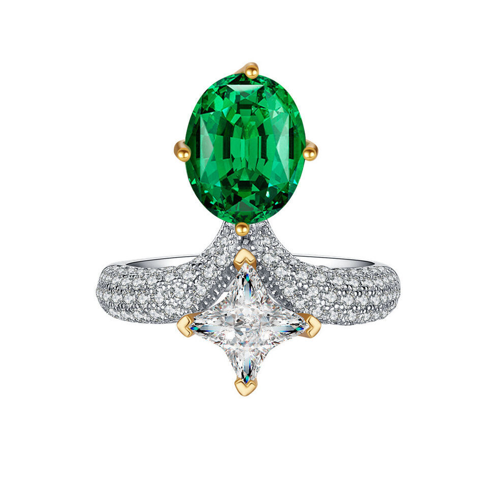 Elegant Green Floral Cut 8x10mm Simulated Emerald Silver Ring