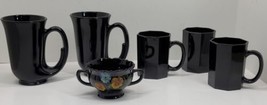 6 Vtg Black Amethyst Glass Hunters Horn Mug &amp; Coffee Cup Lot Handpainted Creamer - £23.19 GBP