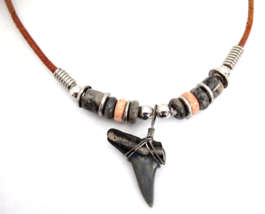 Shark Tooth Choker Necklace Black Coral Beads Brown Cord 20&quot; - £11.08 GBP