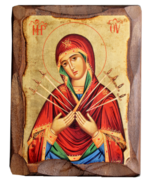 Our Lady of Sorrows Handmade Gold Leaf Canvas Natural Wood Icon - £50.46 GBP+