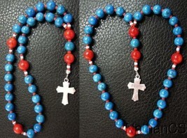 Mini Anglican Rosary Turquoise &amp; Coral Beads w Sterling Silver Cross - £138.12 GBP