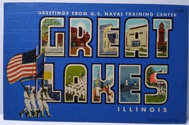 Greetings From Great Lakes Illinois Large Letter Postcard Linen US Flag Navy  - £13.90 GBP