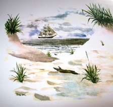 Pirate Ship Art Print Distant Beach Sand Dune Seaside Seascape T Rex Nautical - £11.07 GBP