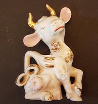 Vintage Baby Cow CALF Figurine Gold Horn 5&quot; tall MCM Collectible Ceramic Japan - $14.78