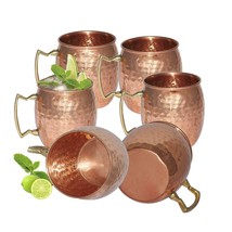 Handmade Pure Copper Moscow Mule Hammered Mug Round Handle  Set of 6 Mug - £32.82 GBP