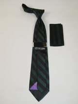 Men's Stacy Adams Tie and Hankie Set Woven Silky Fabric #Stacy52 Green Stripe image 2