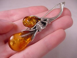 (pin64-13) Orange AMBER Calla Lily .925 Sterling SILVER brooch Poland Jewelry - £54.84 GBP