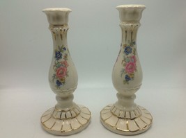 Candle Holders  Candlesticks  Italy Pottery Pair Vintage Ceramic Floral 8.5&quot;  - $22.53