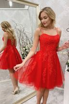 Elegant Spaghetti Straps Red Lace Short Homecoming Dress,Formal Mini Dresses - £103.61 GBP