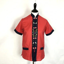 FEDO Floral Embroidered High Collar Blouse Vintage Asian Red Women Size Small - £16.33 GBP