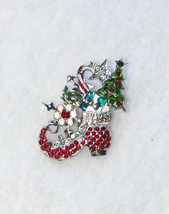 Silver Rhinestone Christmas Elf Shoe Brooch Gift Candy Canes Tree - £8.59 GBP