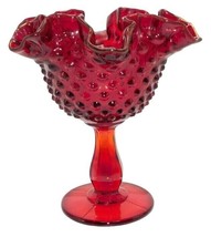 Fenton Red Glass Ruffled Hobnail Compote Pedestal 6&quot; Tall - $50.26