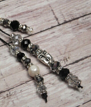 Pearl Crystal Beaded Handmade Purse Planner Charm Keychain Clip Black Silver - $19.79