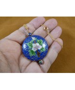(J515-1) Dark blue white flower 35mm round CLOISONNE disk pendant 18&quot; ne... - €20,14 EUR