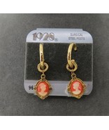 1928 Cameo Style Hoop Earrings Pierced Post Gold Tone Woman&#39;s Face Dangl... - $25.78 CAD