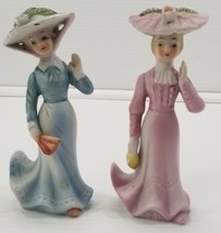 VC) Vintage Pair of Victorian Women Figurine 5.5&quot; Ceramic Statues Blue and Pink - £10.28 GBP