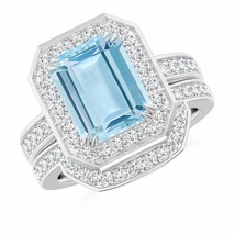 ANGARA Emerald Cut Aquamarine Bridal Ring Set with Diamond Band in 14K Gold - £2,255.98 GBP