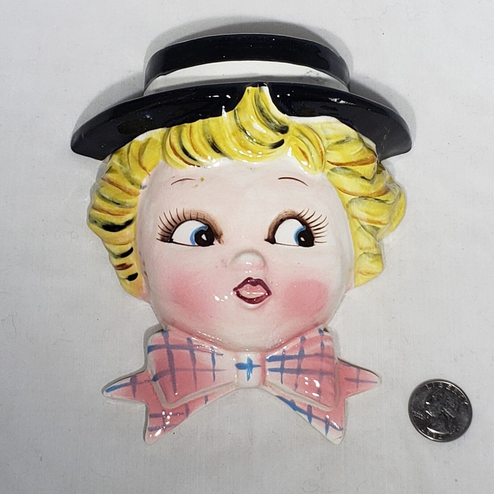 Vintage Lefton Mr. Cutie Pie Blonde Boy Wall Pocket Hat Bow Tie 5.5" x 6" Japan - $54.95