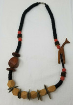 Wooden Giraffe Necklace 24&quot; Spheres Geometric Shapes Red Black Vintage H... - £14.66 GBP