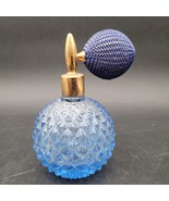 Vintage Spikey Blue Glass Perfume Bottle Gold Tone w/Mesh Ball Atomizer - $27.45 CAD