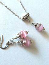 Pink Chrysoberyl Cat eye silver jewelry set Victorian set necklace earri... - $52.00