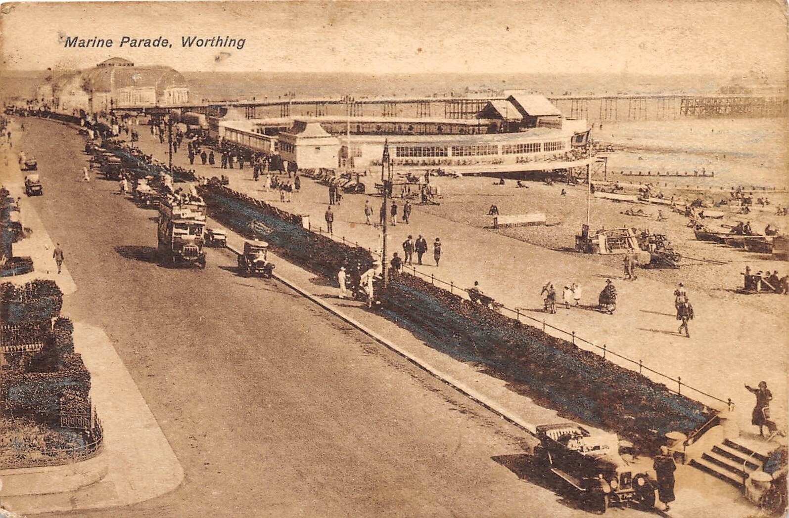 Primary image for WORTHING SUSSEX UK MARINE PARADE ELEVATED VIEW & OLD CARS POSTCARD