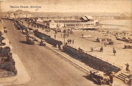 WORTHING SUSSEX UK MARINE PARADE ELEVATED VIEW &amp; OLD CARS POSTCARD - $3.04