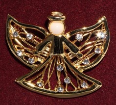 Angel Christmas Pin with Rhinestones Faux Pearl Estate Piece 2 Inches Di... - £6.73 GBP
