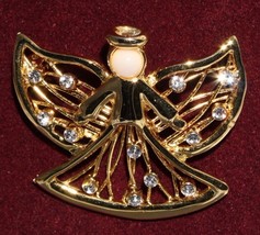 Angel Christmas Pin with Rhinestones Faux Pearl Estate Piece 2 Inches Diameter - £6.45 GBP