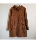MICHAEL KORS Suede Safari Hoodie Coat Brown Gold Jacket Drawstring Pocke... - $162.92 CAD