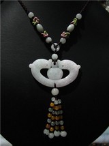 Elegant Beaded Carved Jadeite Jade Curly Two Dragon Fight For Treasury N... - $22.45