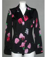 VTG Christenfeld of California Handpainted Look Floral Black Blouse Wm S/M - $42.99