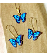 Beautiful Blue Resin Butterfly Earring &amp; Necklace Set 18K Gold Plated w/... - $16.35