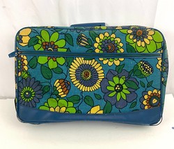 VTG Floral Suitcase Flower Power Luggage Blue Carry On Travel 19&quot; x 13&quot; - £18.69 GBP