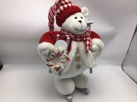 Plush Christmas Bear Skiing Ski Poles Knit Hat Scarf Sled Holiday 13&quot; Xmas  - £17.86 GBP