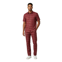 Men INSERCH premium Soft Cool Linen 2pc Walking Leisure suit 7098 Red Plaid image 4