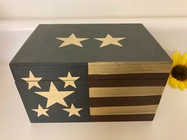 Primitive Americana Decor Flag Wooden Trinket File Box Red White Blue Farmhouse  - £12.90 GBP