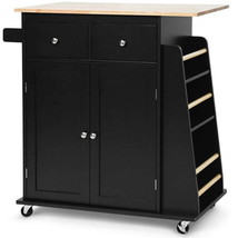 Black Rolling Kitchen Island Cart with Rubber Wood Countertop - £175.39 GBP