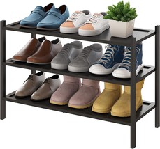 (Black) Bmosu 3-Tier Bamboo Shoe Rack Premium Stackable Shoe Shelf Storage - £25.55 GBP