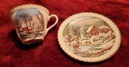Vintage Homestead in Winter Tea Cup &amp; Saucer Set Currier &amp; Ives GOld Rim - $14.99