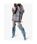 New Denim Women Over Knee Boots Spring Autumn Pointed Toe Side Pocket De... - £218.47 GBP
