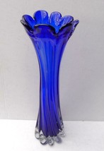 Cobalt Art Glass Blue Tall Scalloped Ribbed Swirl Base - £78.01 GBP