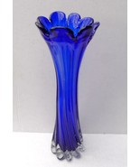 Cobalt Art Glass Blue Tall Scalloped Ribbed Swirl Base - £77.03 GBP