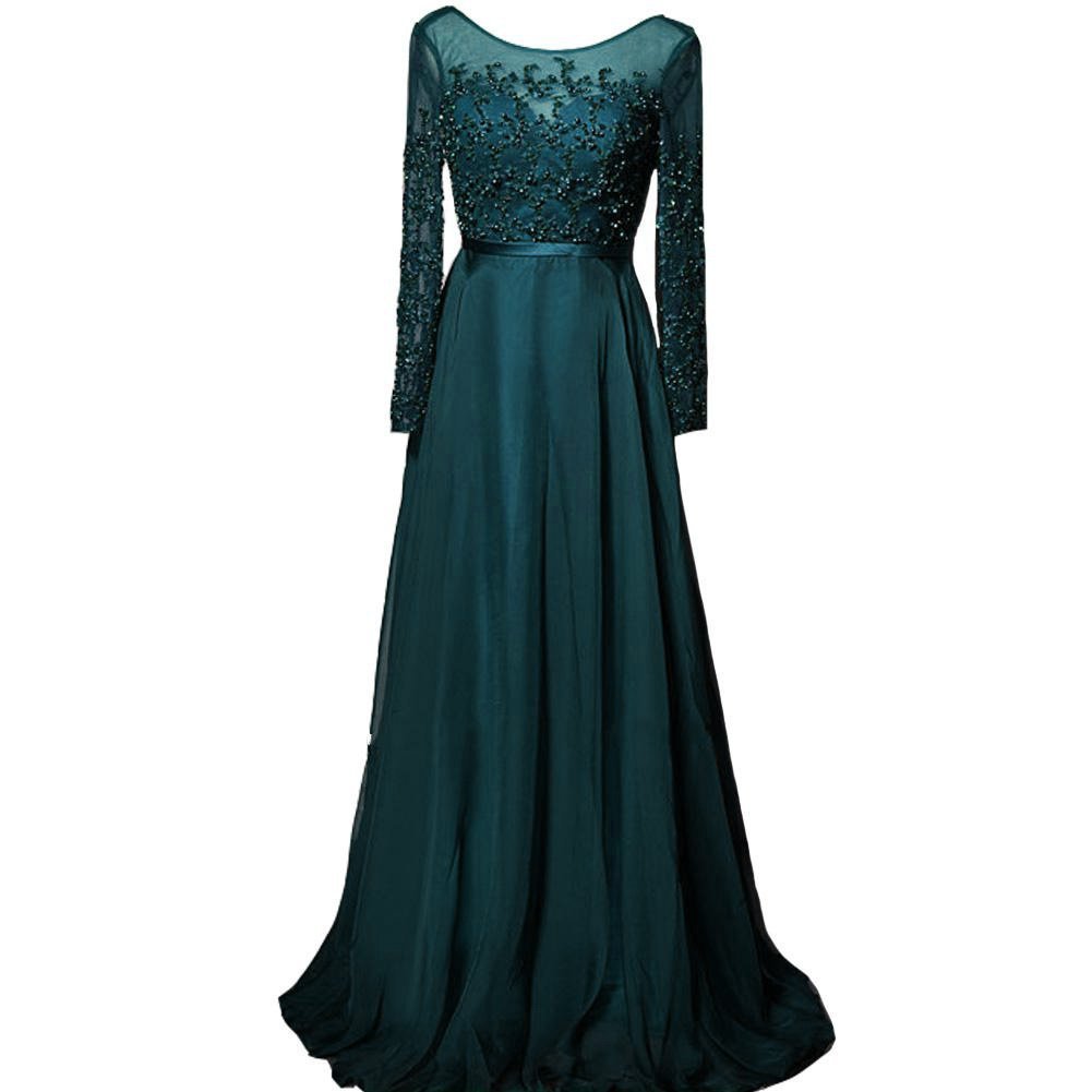 Kivary Sheer Long Sleeves A Line Women Formal Prom Dresses Beaded Evening Gowns