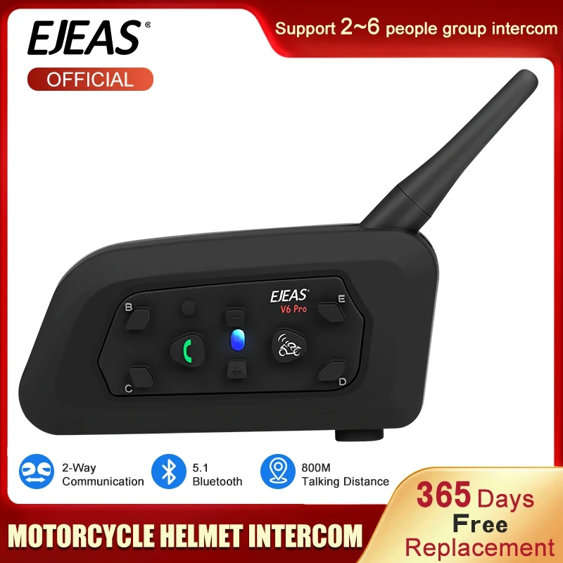 EJEAS V6 Pro Helmet Intercom Bluetooth Headset Microphone Kit 6 Riders 1200m Mus - £167.54 GBP