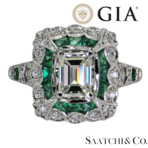 GIA Certified 18k White Gold Natural Diamond &amp; Beautiful Green Emerald Ring - £4,765.43 GBP