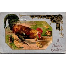 Antique Embossed Happy Easter Postcard, Rooster and Chicks on Silver Gilt, Print - £6.90 GBP
