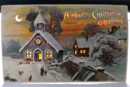 Hold To Light Postcard Christmas Village Church Stars Crescent Moon Snow People - $34.44